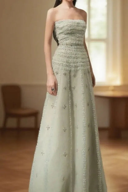 Sage Green Maxi Evening Dresses with Strapless Smocked Bodice Beaded Tiered Tulle Skirt and A-line Silhouette