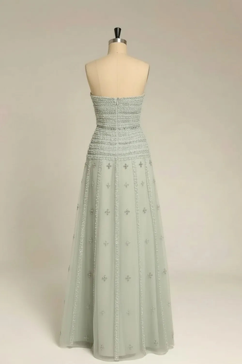 Sage Green Maxi Evening Dresses with Strapless Smocked Bodice Beaded Tiered Tulle Skirt and A-line Silhouette