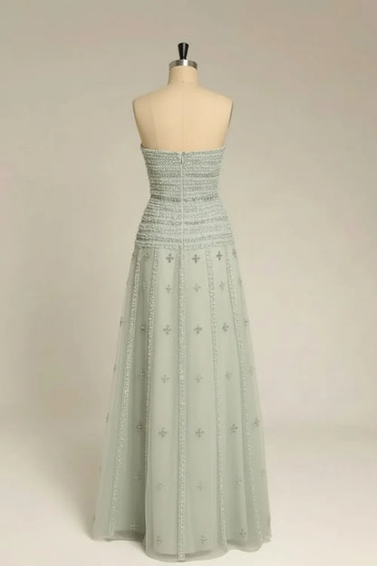 Sage Green Maxi Evening Dresses with Strapless Smocked Bodice Beaded Tiered Tulle Skirt and A-line Silhouette