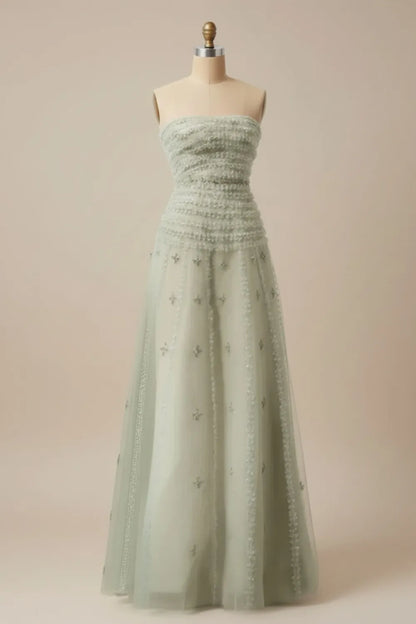 Sage Green Maxi Evening Dresses with Strapless Smocked Bodice Beaded Tiered Tulle Skirt and A-line Silhouette