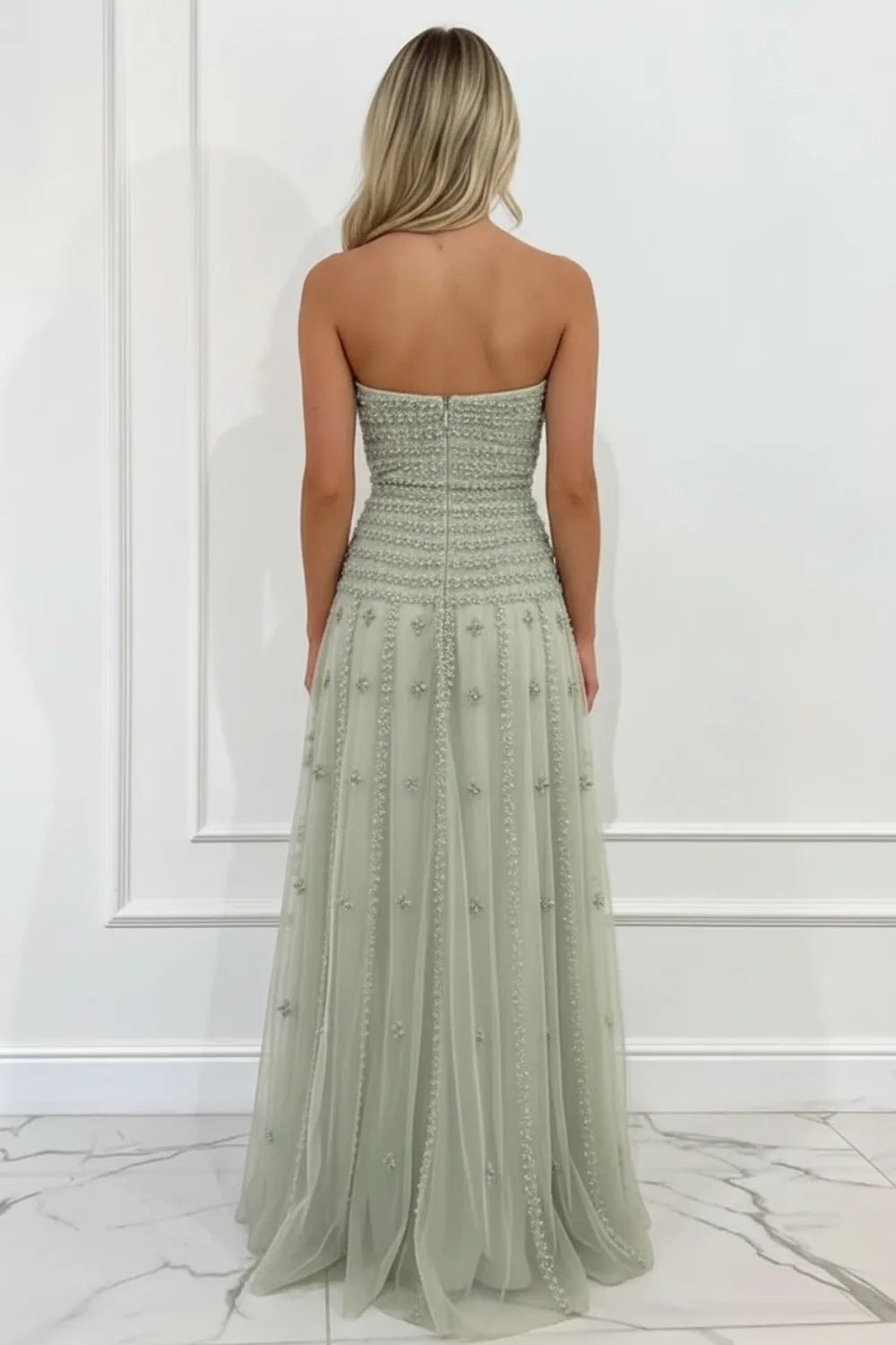 Sage Green Maxi Evening Dresses with Strapless Smocked Bodice Beaded Tiered Tulle Skirt and A-line Silhouette