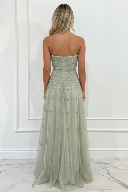 Sage Green Maxi Evening Dresses with Strapless Smocked Bodice Beaded Tiered Tulle Skirt and A-line Silhouette
