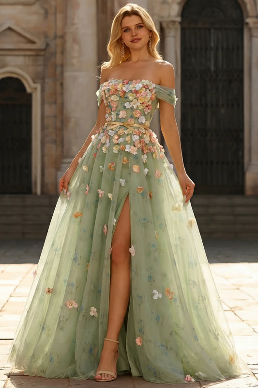 Sage Green Off-the-Shoulder 3D Floral A-Line Prom Dress with Sash and High Slit