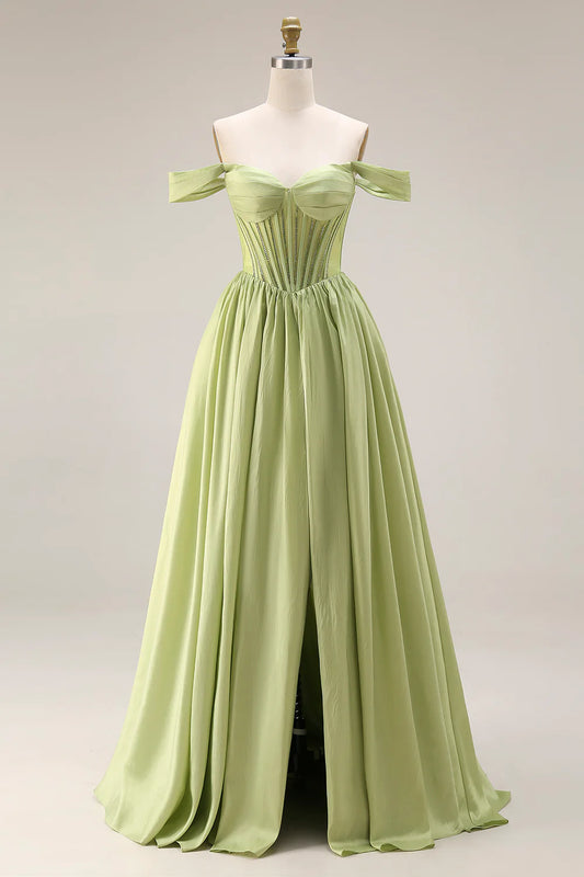 Sage Green Off-the-Shoulder Beaded Corset A-Line Prom Dress with Slit and Train