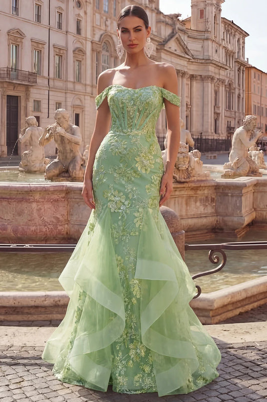 Sage Green Off-the-Shoulder Mermaid Prom Dress with Floral Embroidery and Ruffles
