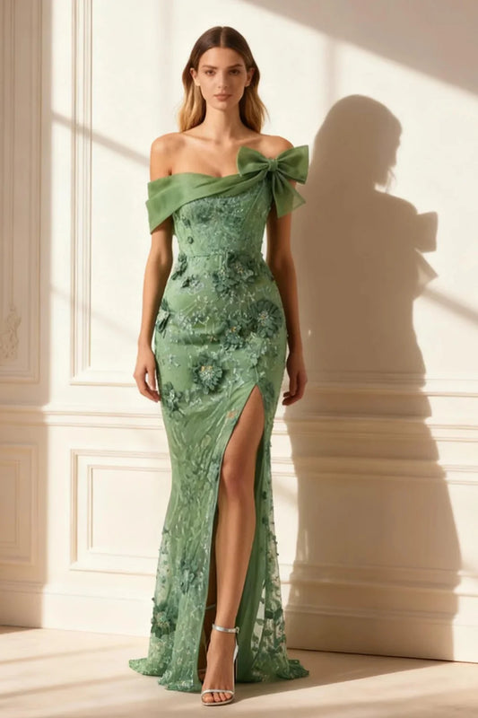 Sage Green Off The Shoulder Prom Dress With Bow Detail And Floral Lace Mermaid Silhouette For Formal Evening Party