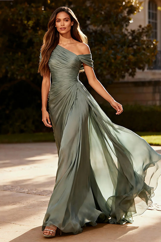 Sage Green One-Shoulder Draped Chiffon Maxi Prom Dress Formal Evening Gown