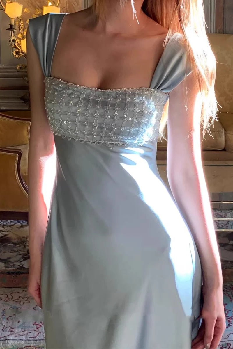 Sage Green Satin Beaded Embellished Maxi Formal Prom Dress