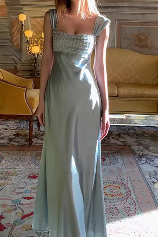 Sage Green Satin Beaded Embellished Maxi Formal Prom Dress