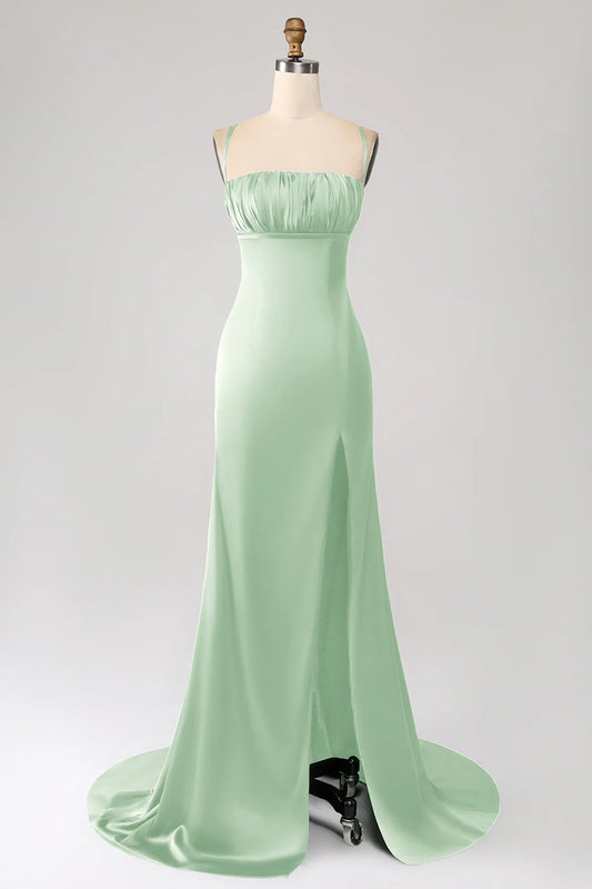 Sage Green Satin Spaghetti Strap Square Neck Mermaid Prom Dress with High Slit