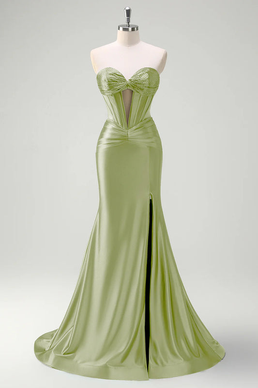 Sage Green Satin Strapless Beaded Bust Lace-Up Back Mermaid Prom Dress with Slit