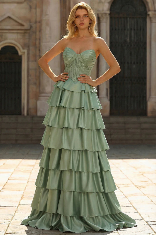 Sage Green Satin Strapless Beaded Corset Tiered A-Line Prom Dress with Train