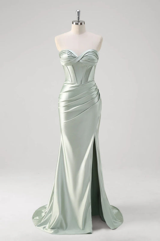Sage Green Satin Strapless Twisted Bust Lace-Up Back Mermaid Prom Dress with Slit