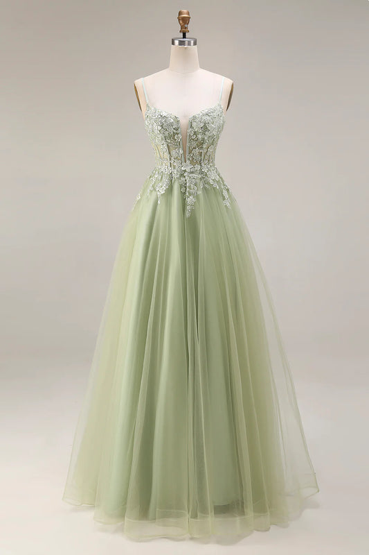 Sage Green Spaghetti Strap Beaded Lace-Up A-Line Tulle Prom Dress with Sheer Corset Bodice