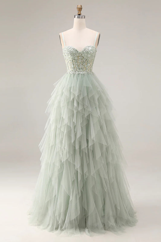 Sage Green Spaghetti Strap Lace Beaded Tiered Tulle Prom Dress with Corset Back