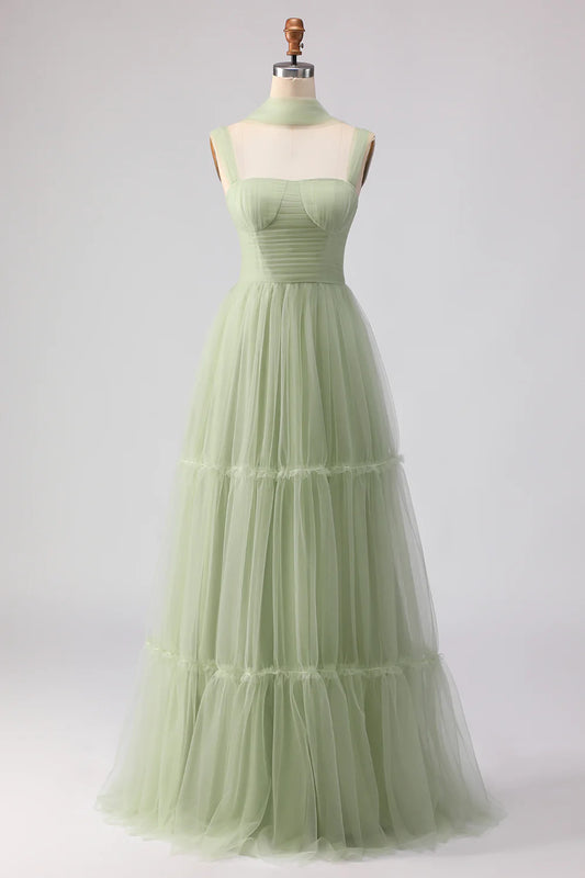 Sage Green Square Neck Tiered Tulle Maxi Prom Dress with Shawl