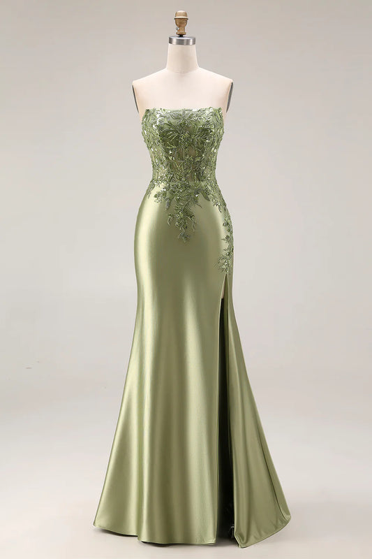 Sage Green Strapless Beaded Lace-Up Mermaid Prom Dress with High Slit
