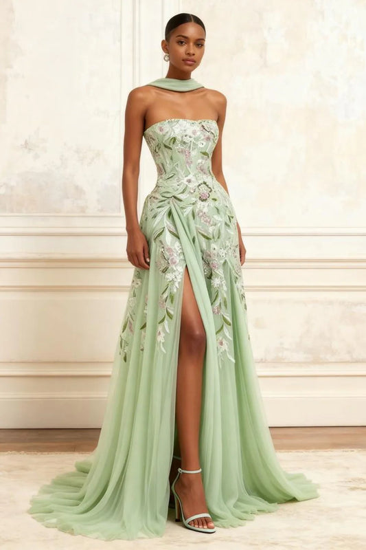 Sage Green Strapless Floral Lace Beaded A-Line Prom Dress with Shawl and Slit