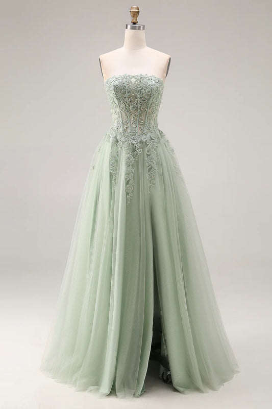 Sage Green Strapless Lace A-Line Prom Dress with Corset Back and Slit