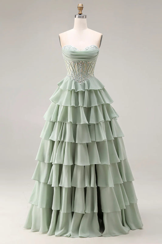 Sage Green Strapless Sheer Corset Tiered Ruffle A-Line Prom Ball Gown