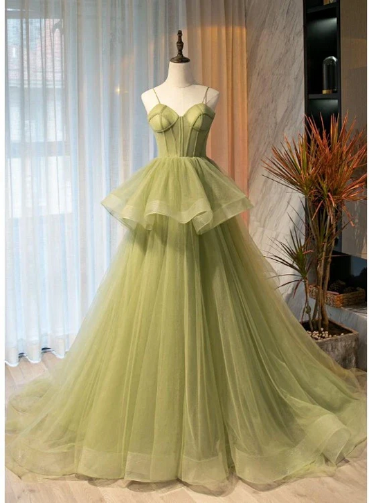 Sage Green Tulle Ball Gown Sweetheart Neck Spaghetti Strap Corset Back Tiered Ruffle Train Floor Length Formal Evening Prom Dress