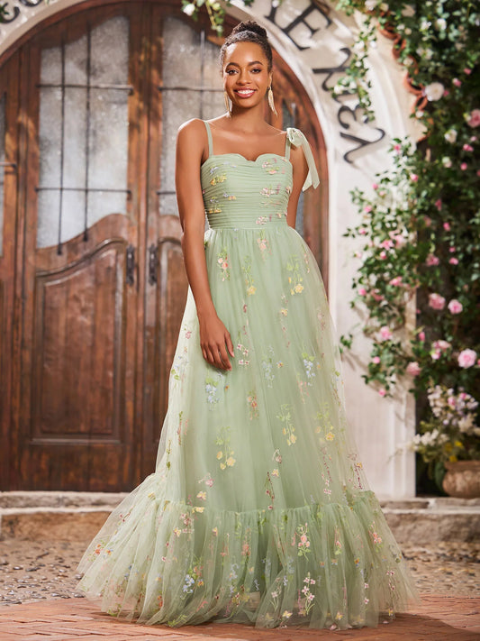 Sage Green Tulle Maxi Prom Dresses with Spaghetti Strap Bow Detail Floral Embroidery Ruffle Hem for Prom and Garden Wedding