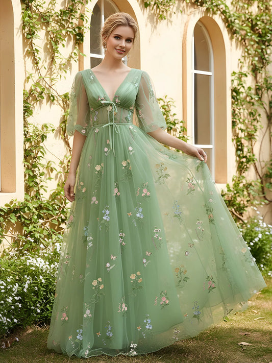 Sage Green Tulle Maxi Prom Dresses with V Neck Tie Detail Puff Sleeve Floral Embroidery Deep V Back for Prom and Garden Wedding