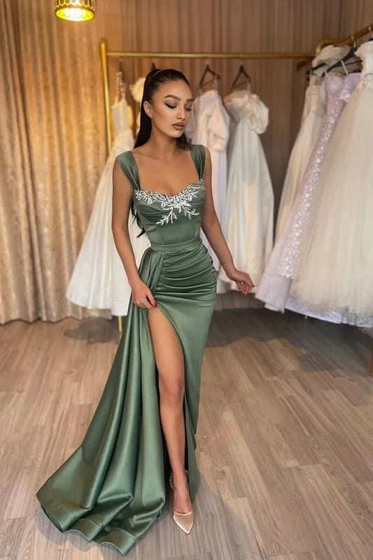 Sage Satin Maxi Prom Dresses with Off Shoulder Neckline Beaded Trim Ruched Slit for Prom and Red Carpet