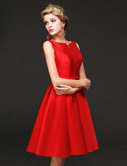 Elegant A-line satin cocktail dress with a sash, jewel neck, and short length.