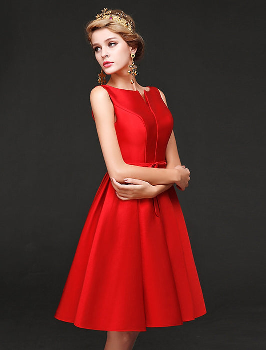 Elegant A-line satin cocktail dress with a sash, jewel neck, and short length.
