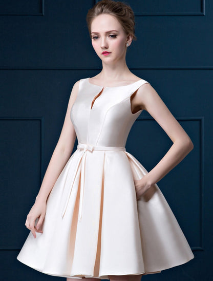 Full view of the A-line satin dress, showcasing its elegant design and short hemline.