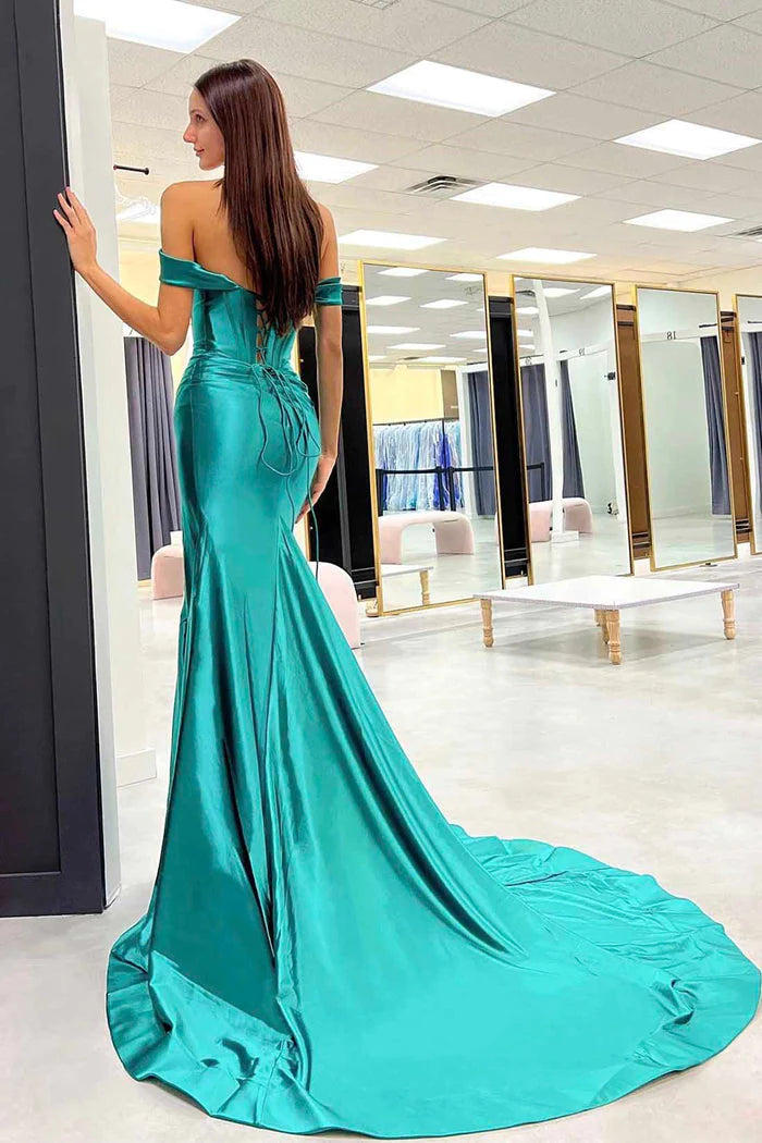 Satin Prom Dresses Mermaid Off The Shoulder With Slit