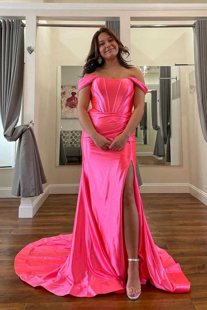 Satin Prom Dresses Mermaid Off The Shoulder With Slit