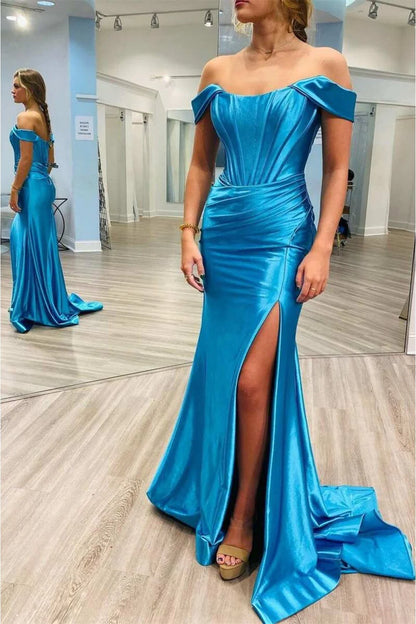 Satin Prom Dresses Mermaid Off The Shoulder With Slit