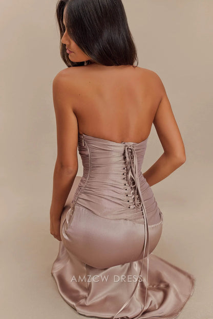 Amzcw Elegantes Vestidos de Fiesta Línea A Satén Verde Azulado con Hombros Descubiertos Mini Vestido Corto Venta Caliente para Mujeres 