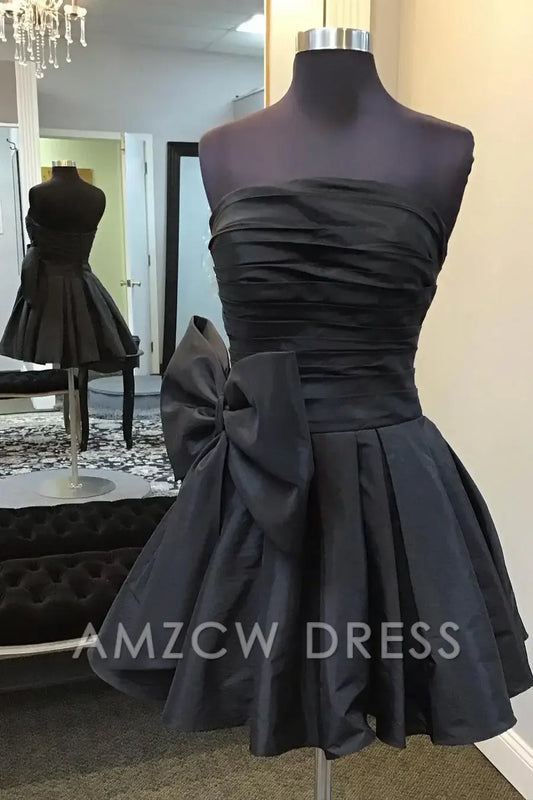 Amzcw Elegant Satin A-Line Empire Strapless Short Party Homecoming Dress With Bow formal wear dresses