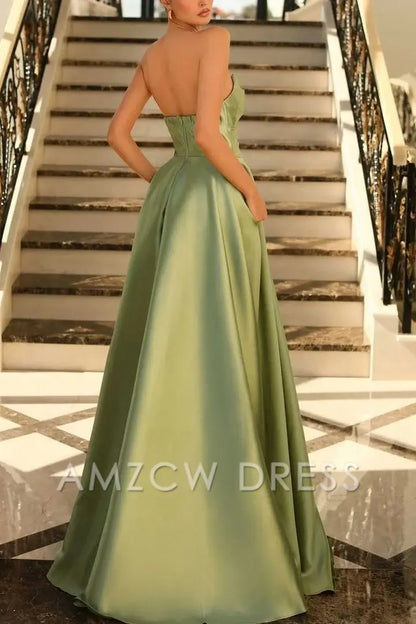 Vestido de fiesta formal Amzcw de satén con escote en A, corte imperio, plisado y abertura alta