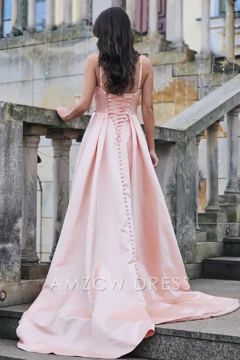 Vestido de fiesta formal plisado con abertura y escote en V de satén Amzcw con tirantes finos