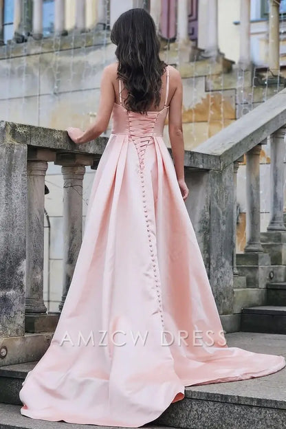 Vestido de fiesta formal plisado con abertura y escote en V de satén Amzcw con tirantes finos