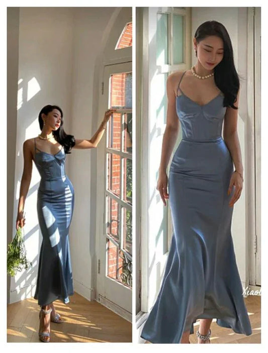 Satin Crisscross-Back Deep-V Spaghetti-Strap Mermaid Floor-Length Prom Dress
