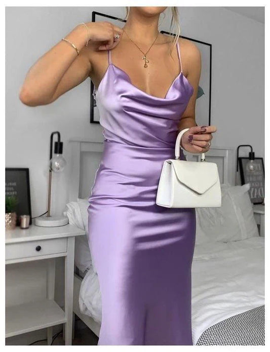 Satin Draped Deep-V Spaghetti-Strap Fitted Floor-Length Prom Dress