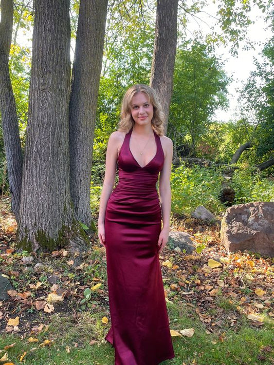 Satin Halter-Neck Deep-V Crisscross-Back Ruched Maxi Prom Dress