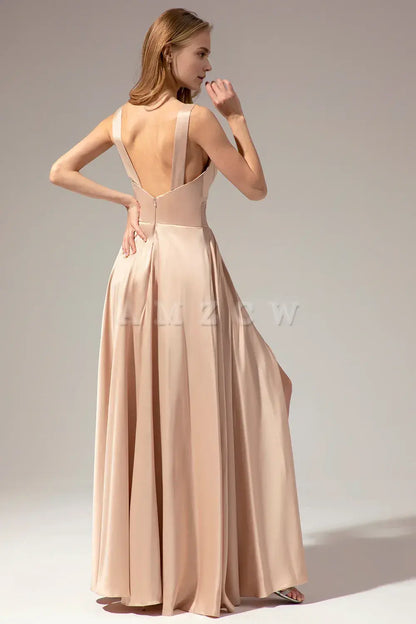 Amzcw Satin Long Prom Party Dress With Slit gowns evening dresses dressesgowns evening dresses