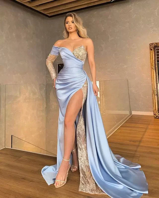 Satin One-Shoulder Beaded Lace Ruched High-Slit Prom Dress