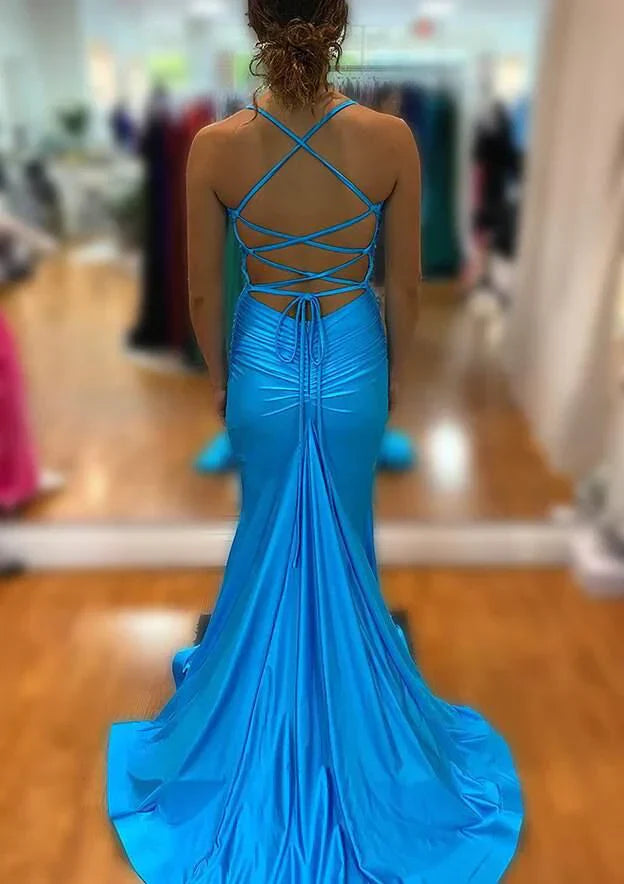 Satin Plunging Neck Crisscross-Back Slit Train Maxi Prom Dress