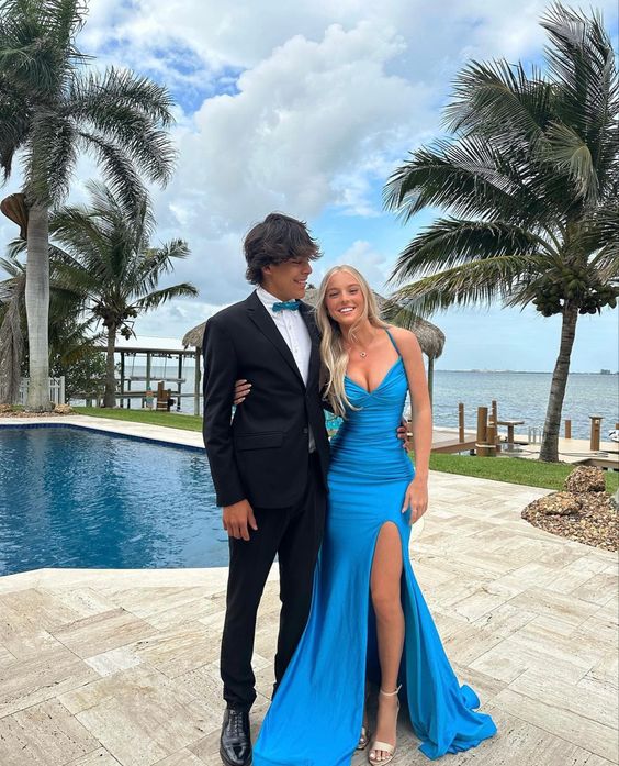 Satin Plunging Neck Crisscross-Back Slit Train Maxi Prom Dress
