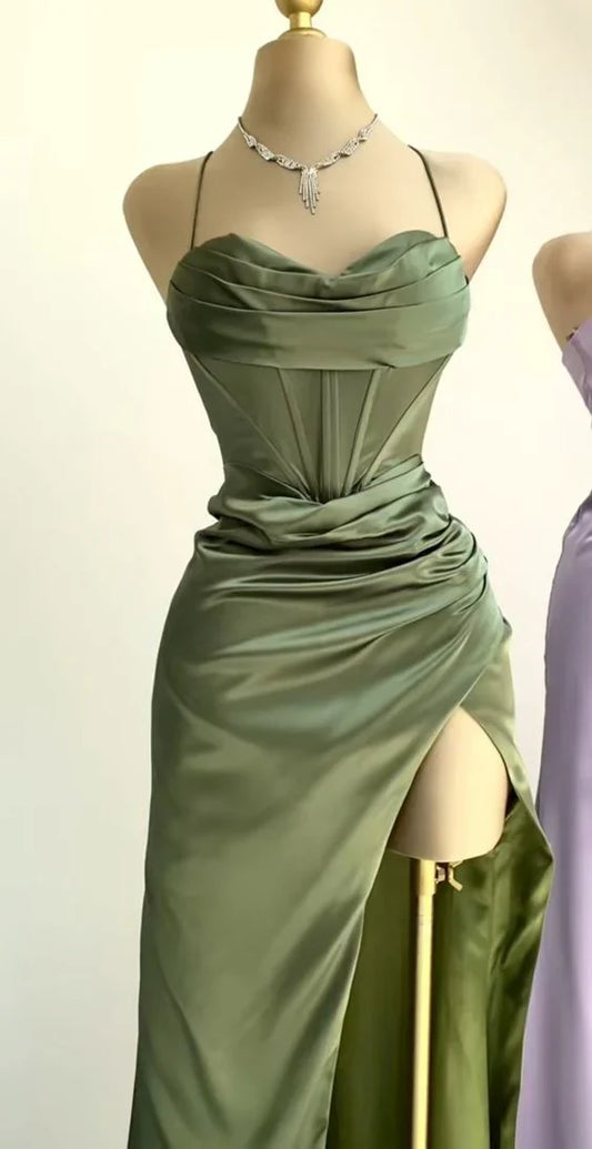 Satin Ruched Sweetheart Neck Spaghetti Strap Twist Back Maxi Prom Dress