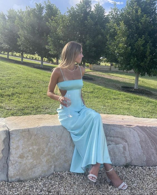 Satin Sheer-Cut Square Neck Spaghetti Strap Flowy Maxi Prom Dress
