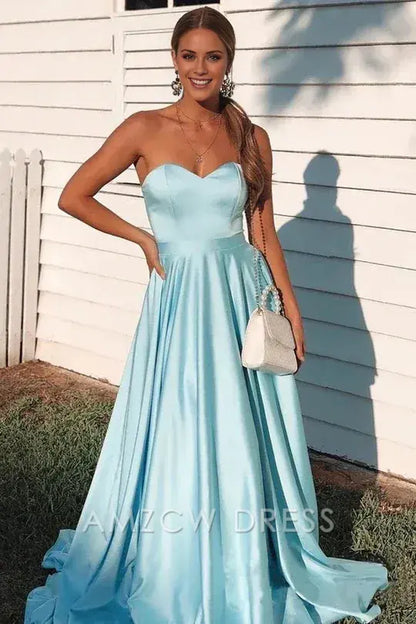 Vestido de fiesta Amzcw de satén sin tirantes, corte imperio, escote corazón y plisado