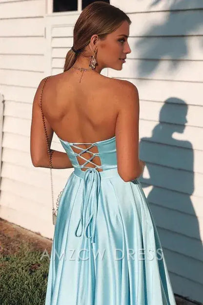 Vestido de fiesta Amzcw de satén sin tirantes, corte imperio, escote corazón y plisado